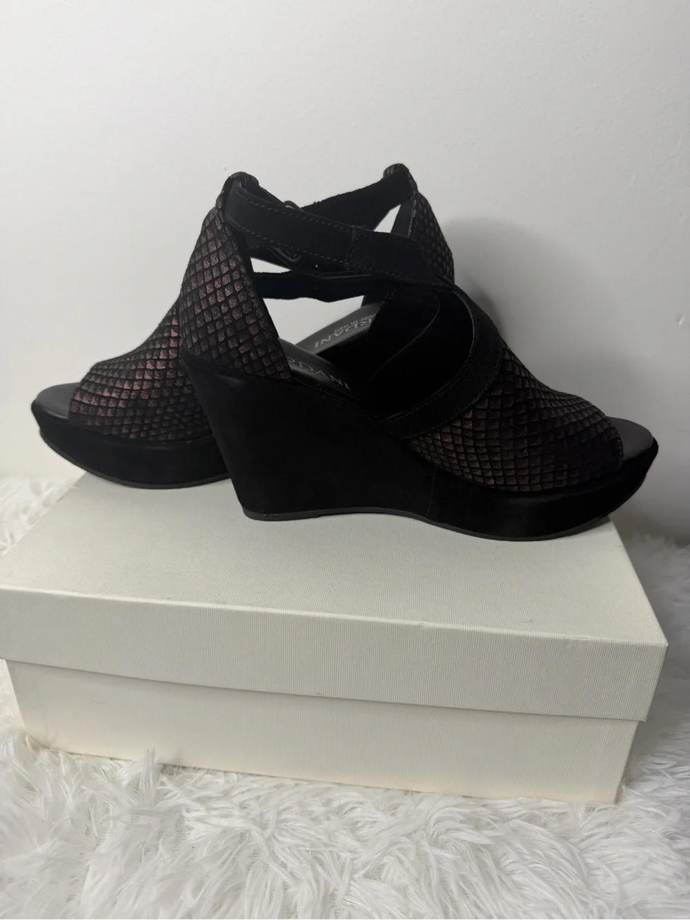 Cordani Black and Metallic Rose Textured Wedge Sandals